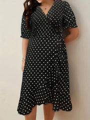  Polka Dot Print Puff Sleeve Wrap Dress