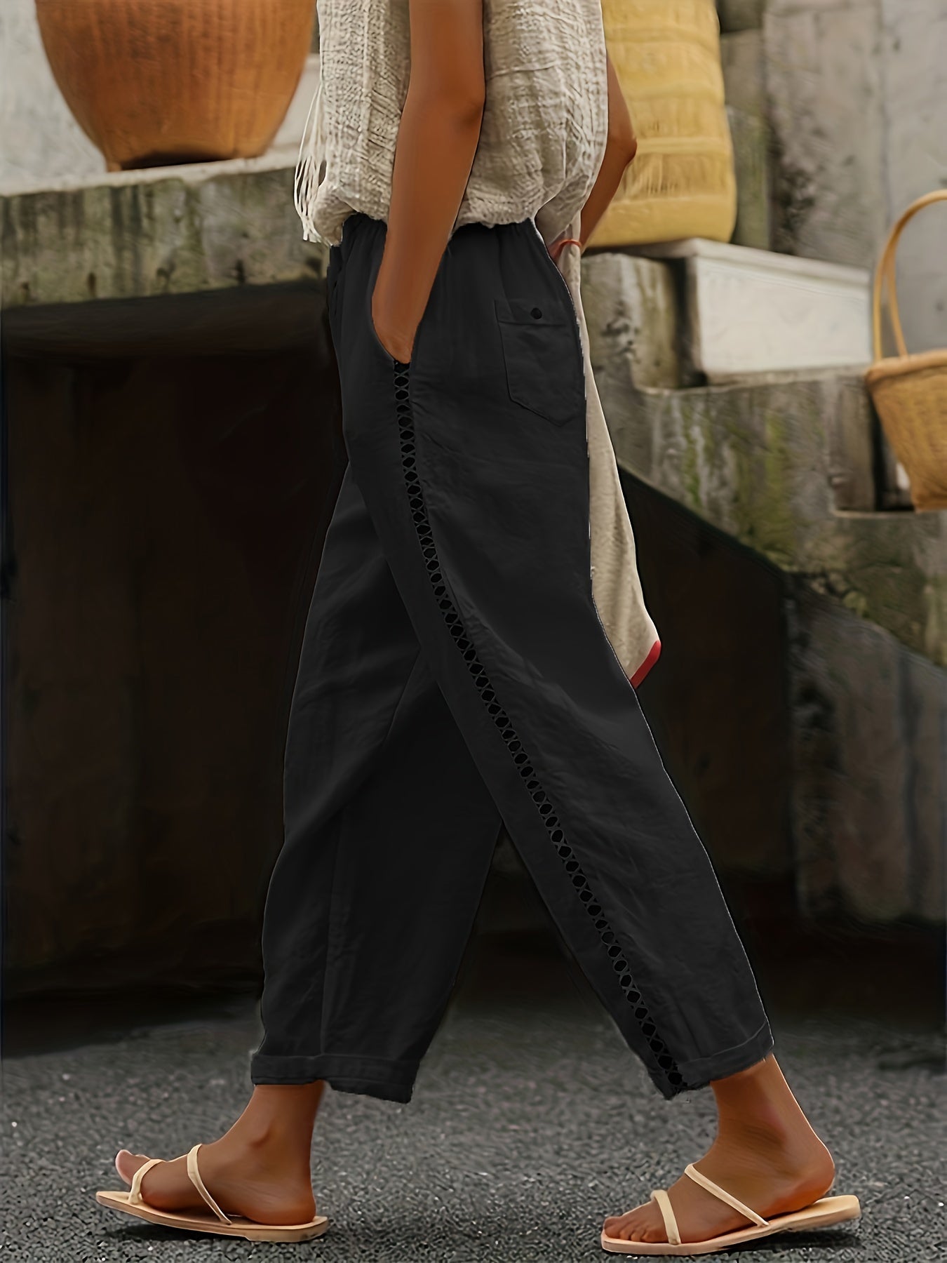  Drawstring Eyelet Embroidered High Rise Elastic Pants