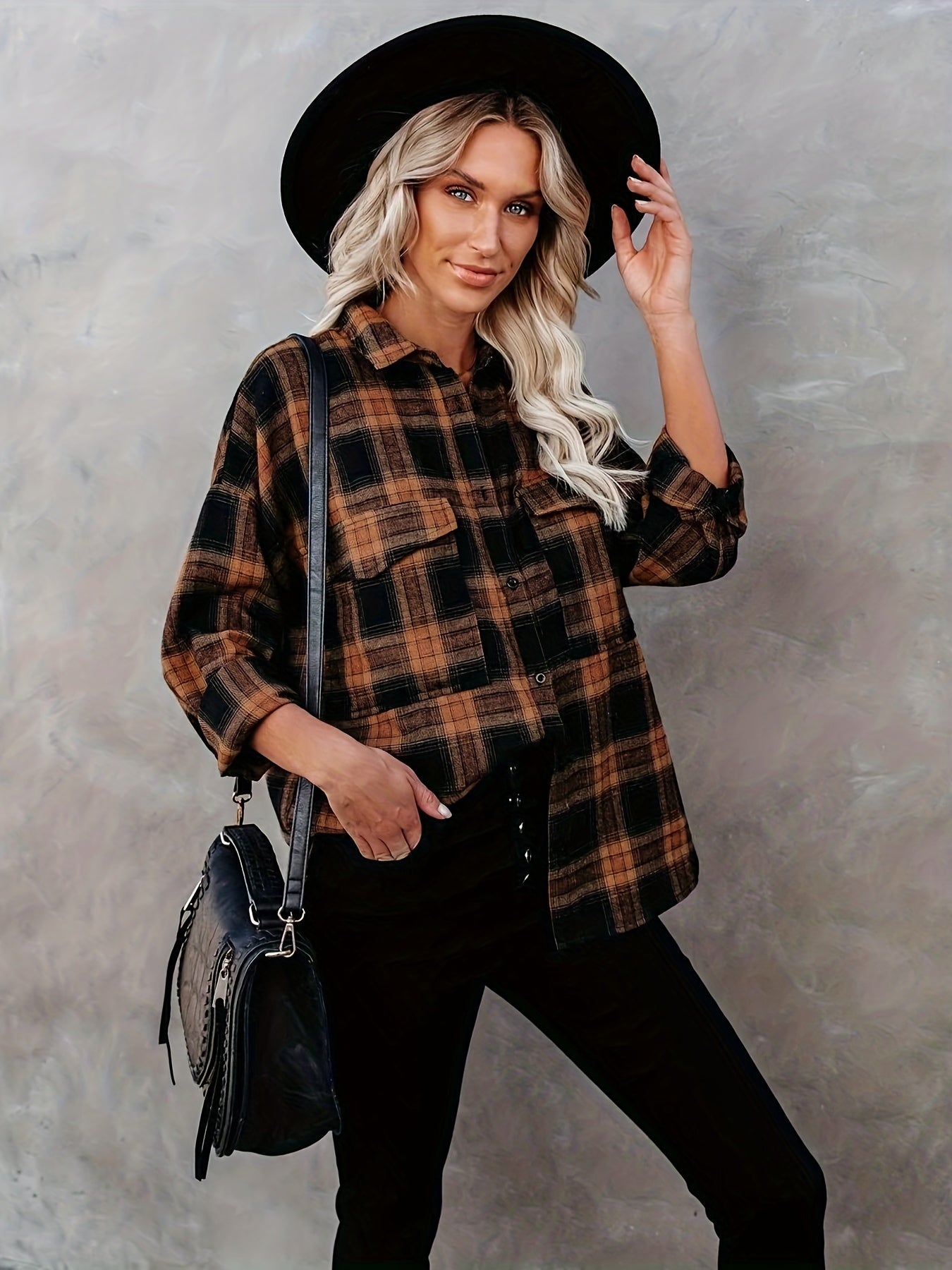  Plaid Print Long Sleeve Button Up Tunic Shirt Top