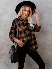  Plaid Print Long Sleeve Button Up Tunic Shirt Top