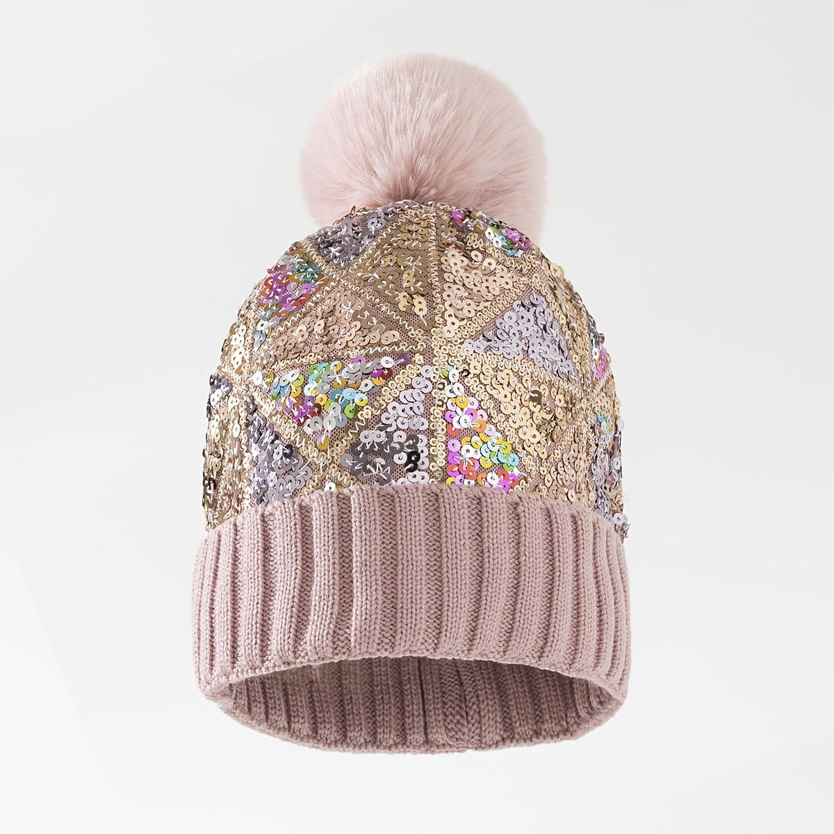 Sequin Pompom Beanie Warm Plush Knit Hat Soft & Comfortable Elastic Hats