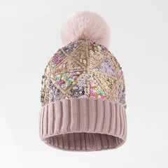 Sequin Pompom Beanie Warm Plush Knit Hat Soft & Comfortable Elastic Hats
