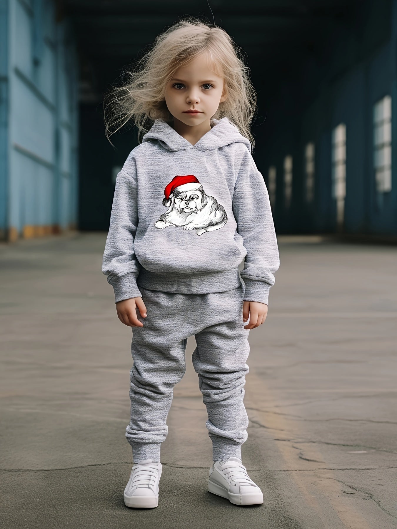 Girls Santa Hat Pattern Hooded Sweatshirt Set