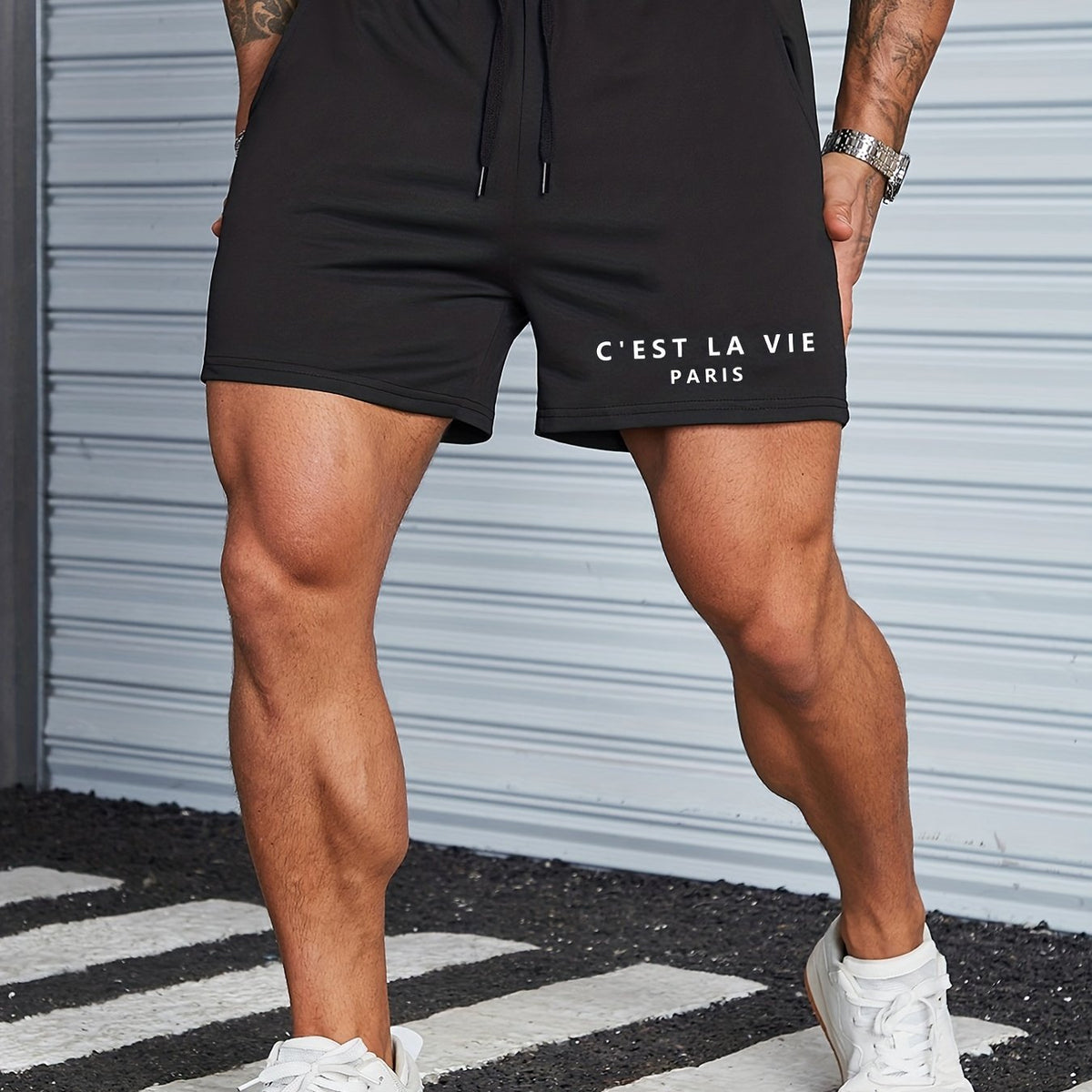 Men's Casual Letter Print Track Shorts Drawstring Waist Summer Workout Shorts