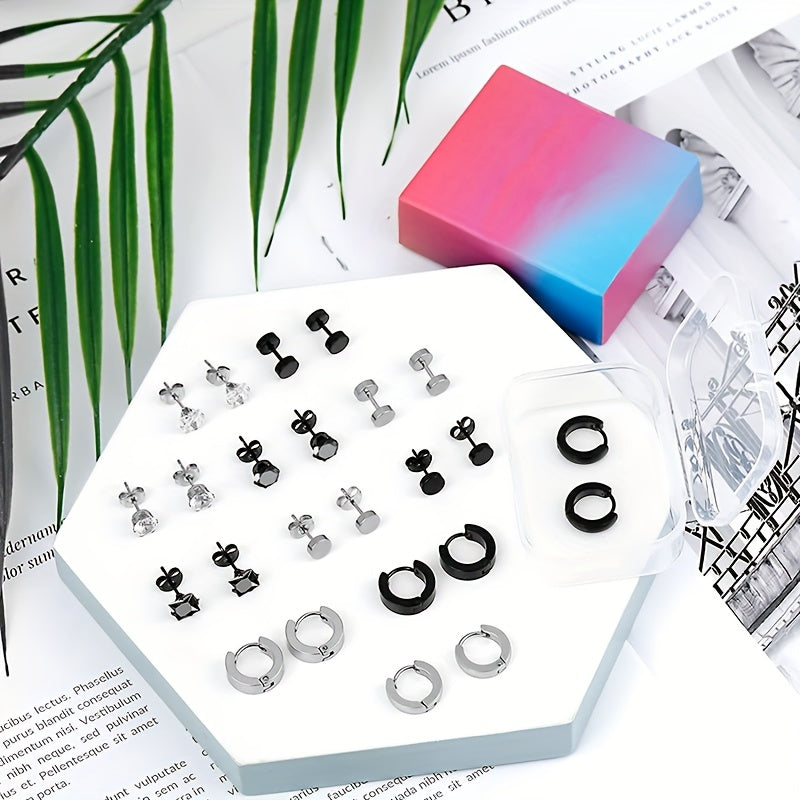 24pcs Men's Punk Stainless Steel Earrings Set