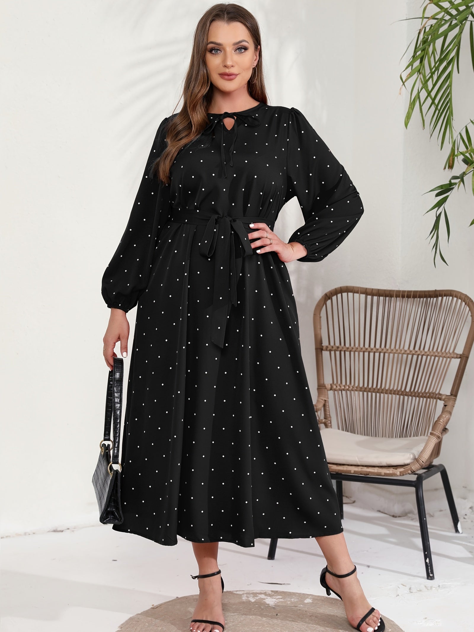  Polka Dot Long Sleeve Maxi Dress With Belt