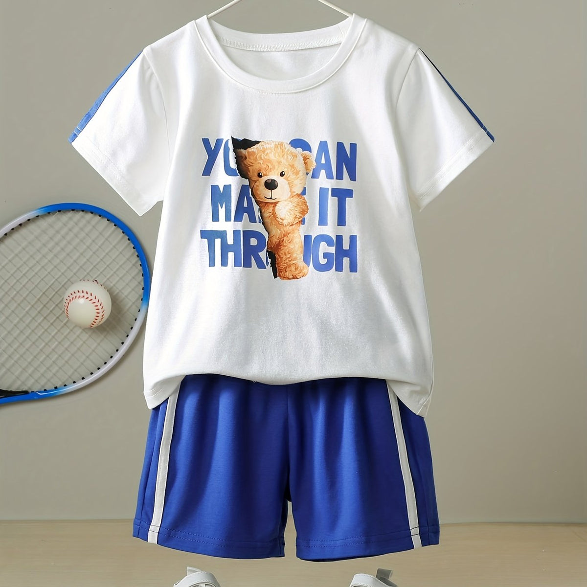 Boys Letter & Bear Casual Outfit Round Neck T shirt & Shorts