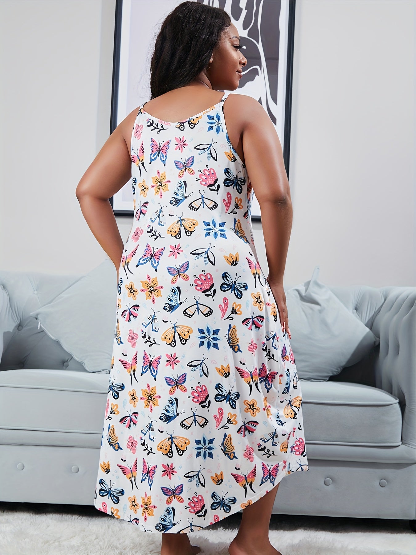  Nightdress Women's Butterfly & Floral Print V Neck Sleep Dress