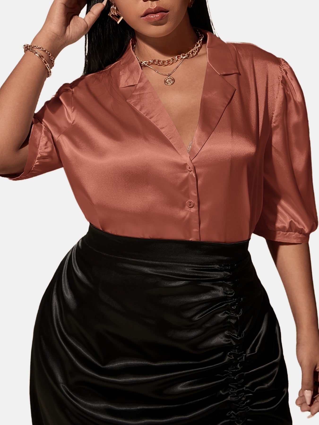  Satin Lapel Collar Short Sleeve Shirt Women's Plus Slight Stretch Shir
