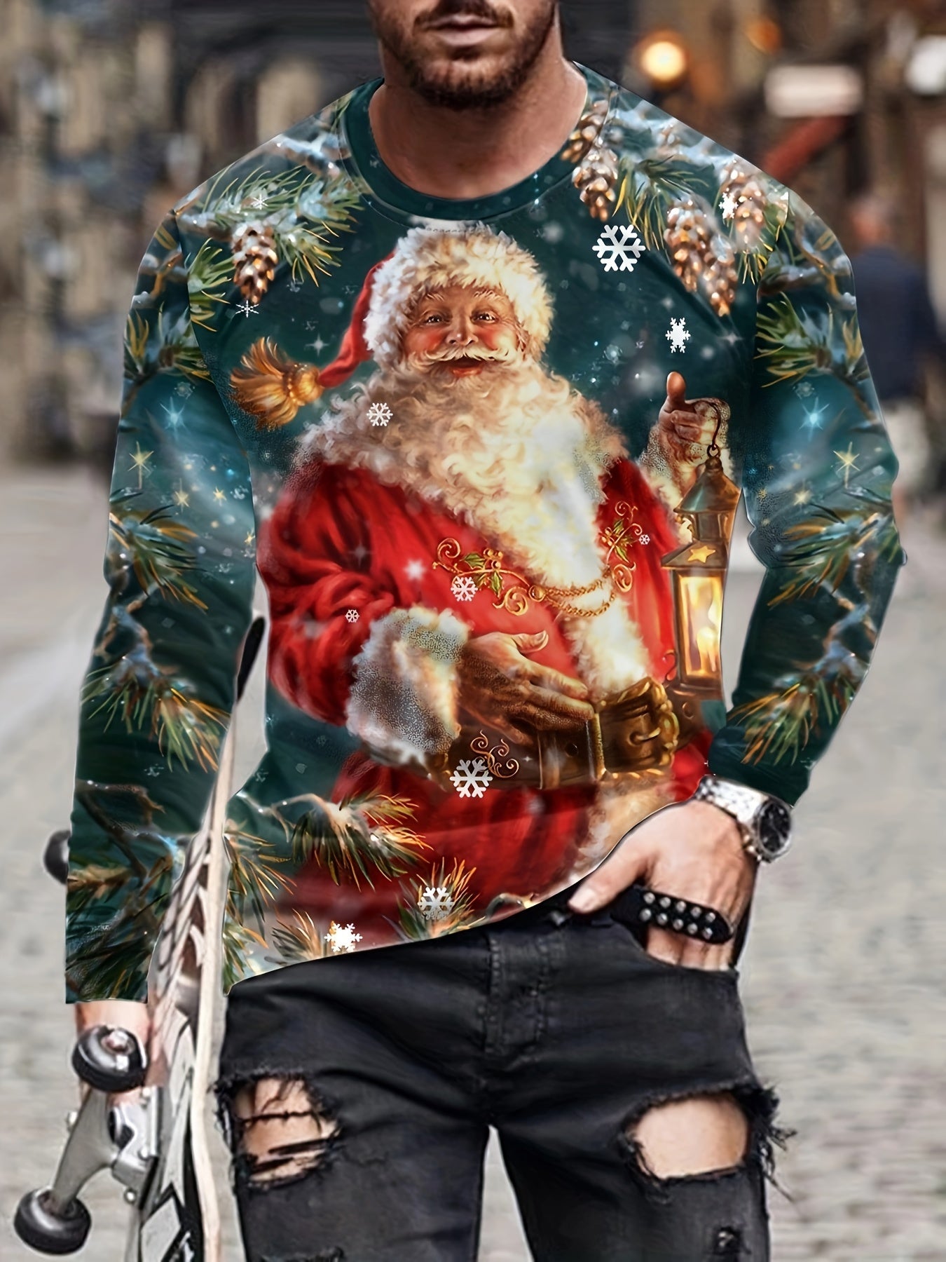 Christmas Santa Claus Print Men's Long Sleeve Tee For Autumn