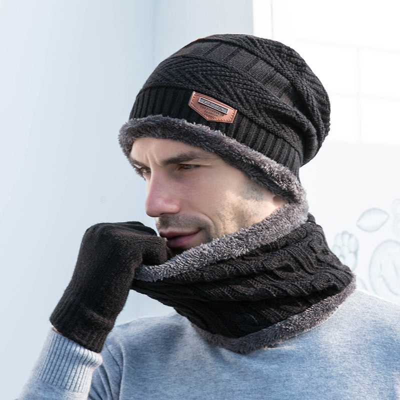 3pcs Casual Fleece Knitted Men's Outdoor Warm Hat Halter Gloves