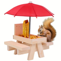 Wooden Squirrel Feeder Picnic House with Umbrella for Outdoor Garden