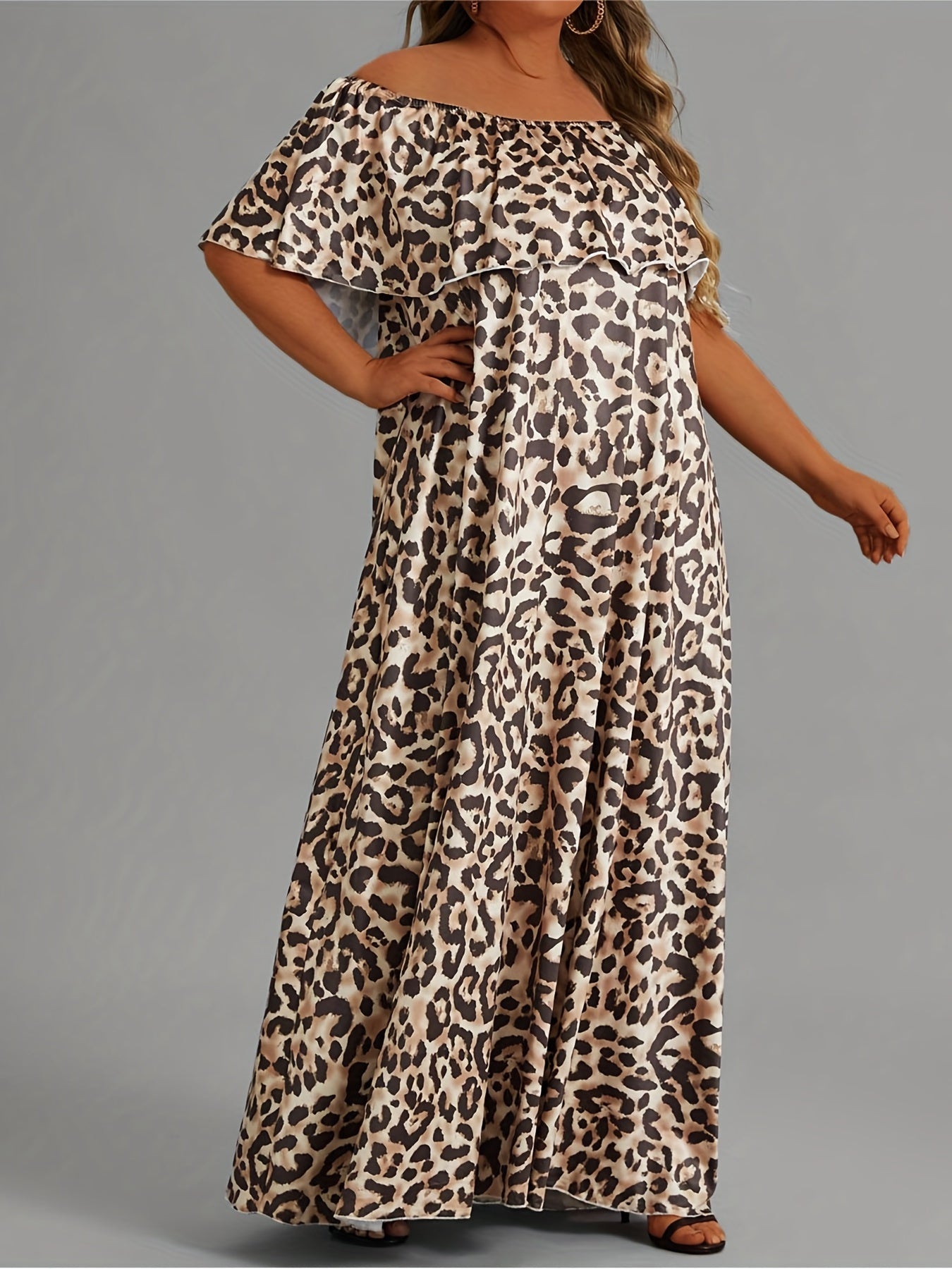 Leopard Print Off Shoulder Maxi Dress Plus Size Medium Stretch Long Dress