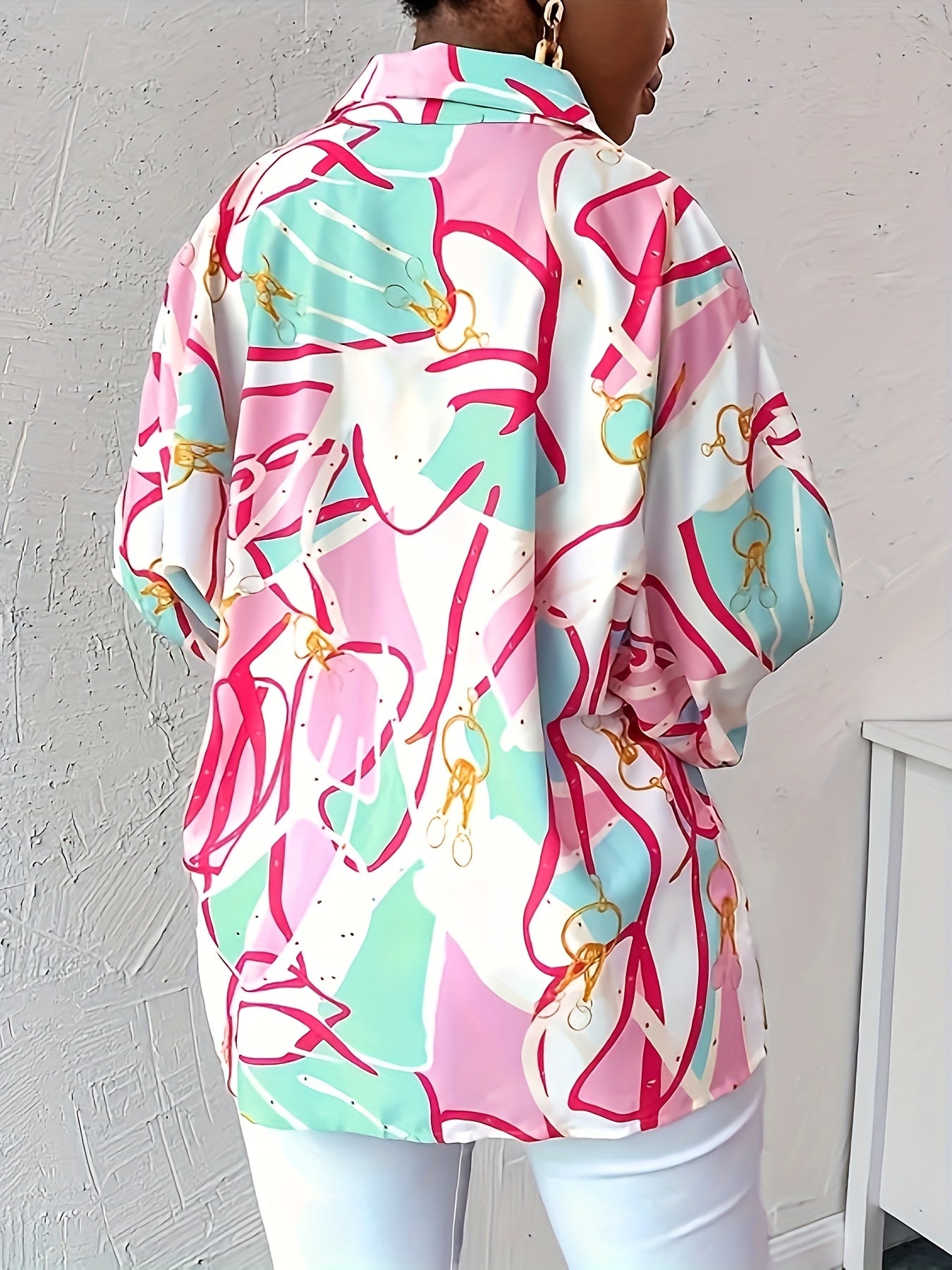  Casual Blouse Women's Plus Allover Print Button Up Long Sleeve