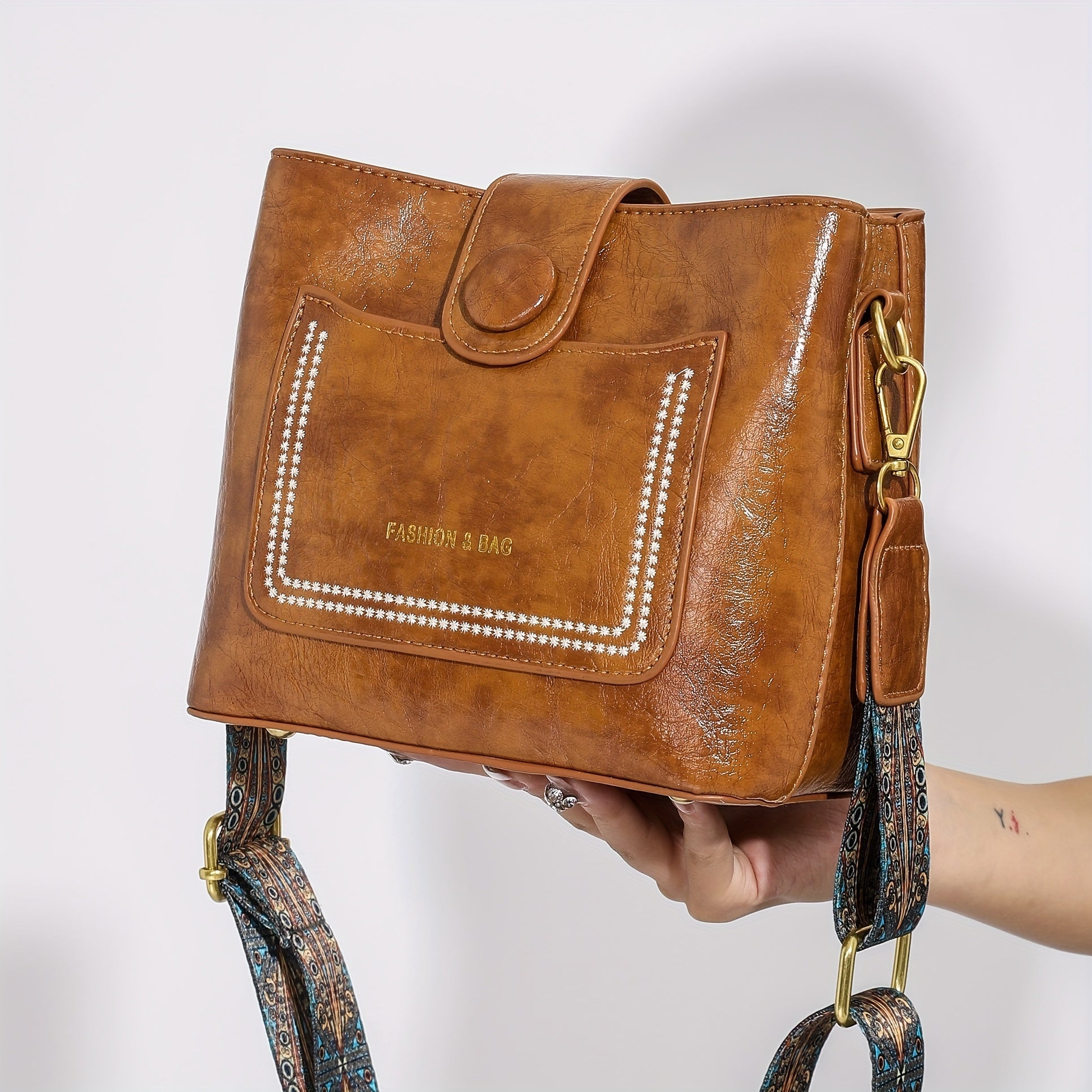 Retro Style Wax Leather Crossbody Bag Wide Strap Shoulder Purse