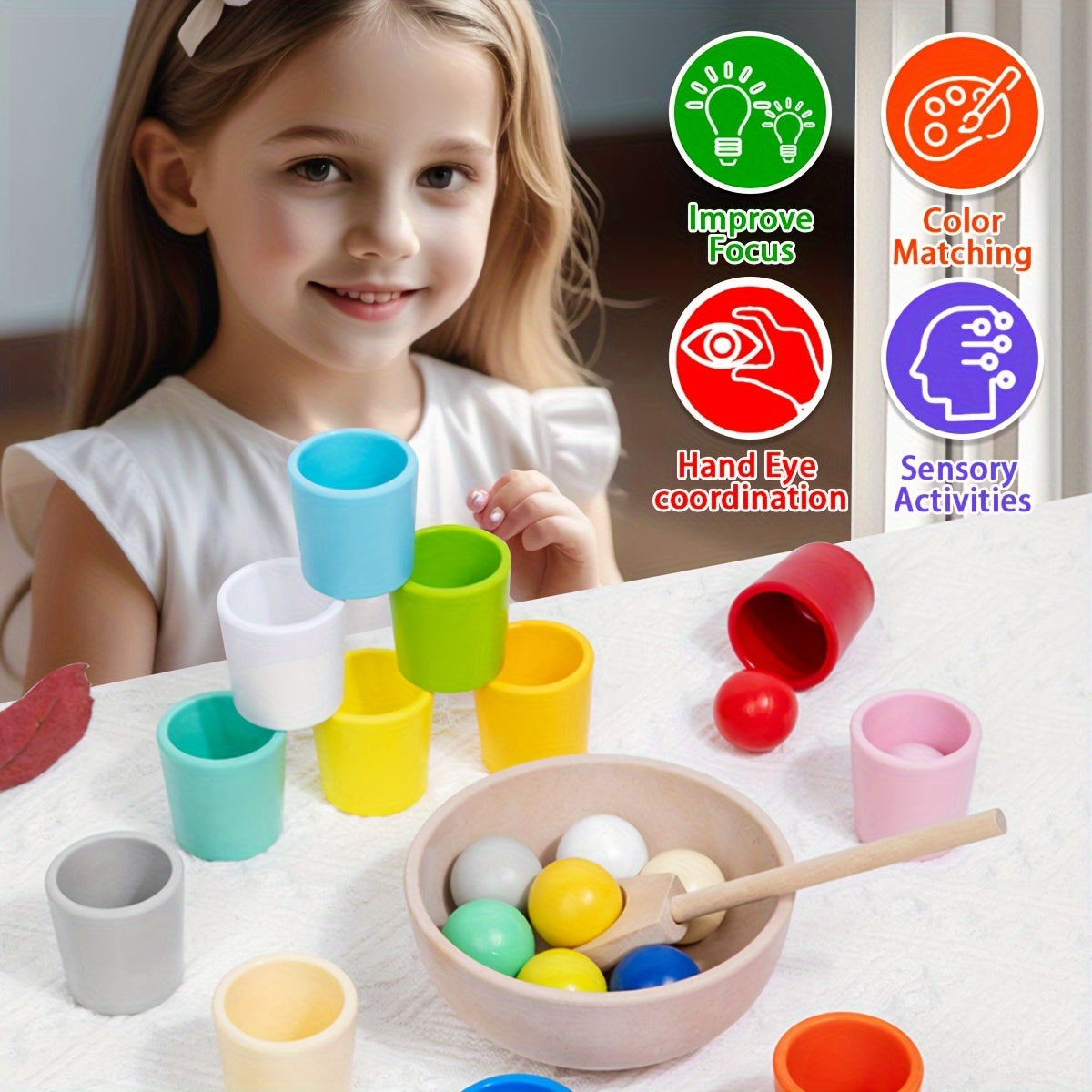 Wooden Rainbow Ball Sorting Game Educational Toy, Fine Motor Skills Learning