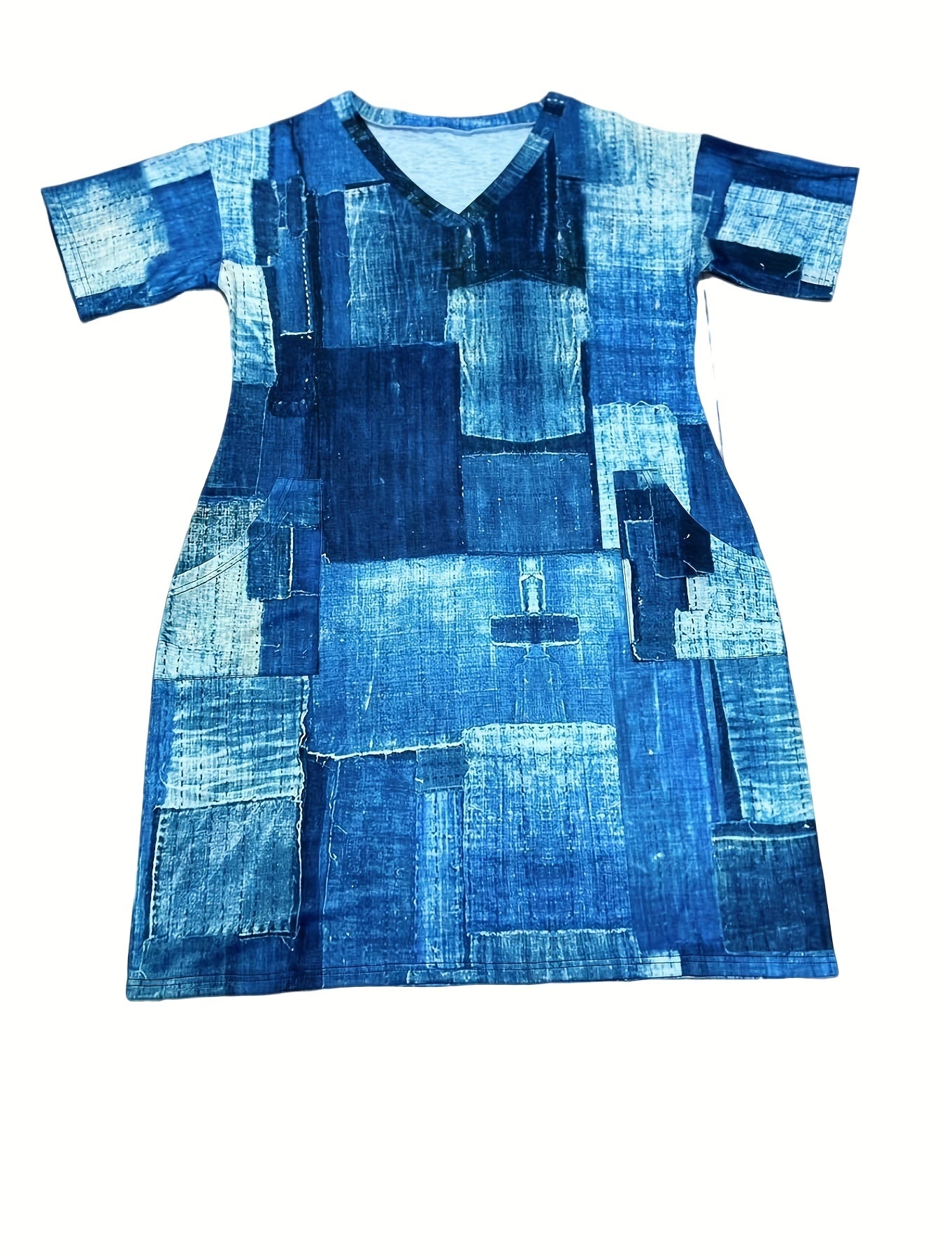  Denim Print Short Sleeve V Neck Dress With Pockets