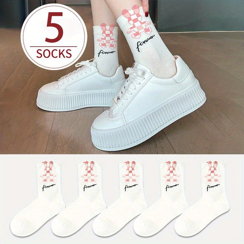 5 Pairs Rabbit Print Socks Women's Mid Tube Stockings