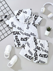 2pcs Little Boy Casual Call Graphic Hooded Short Sleeve Tees & Shorts Set