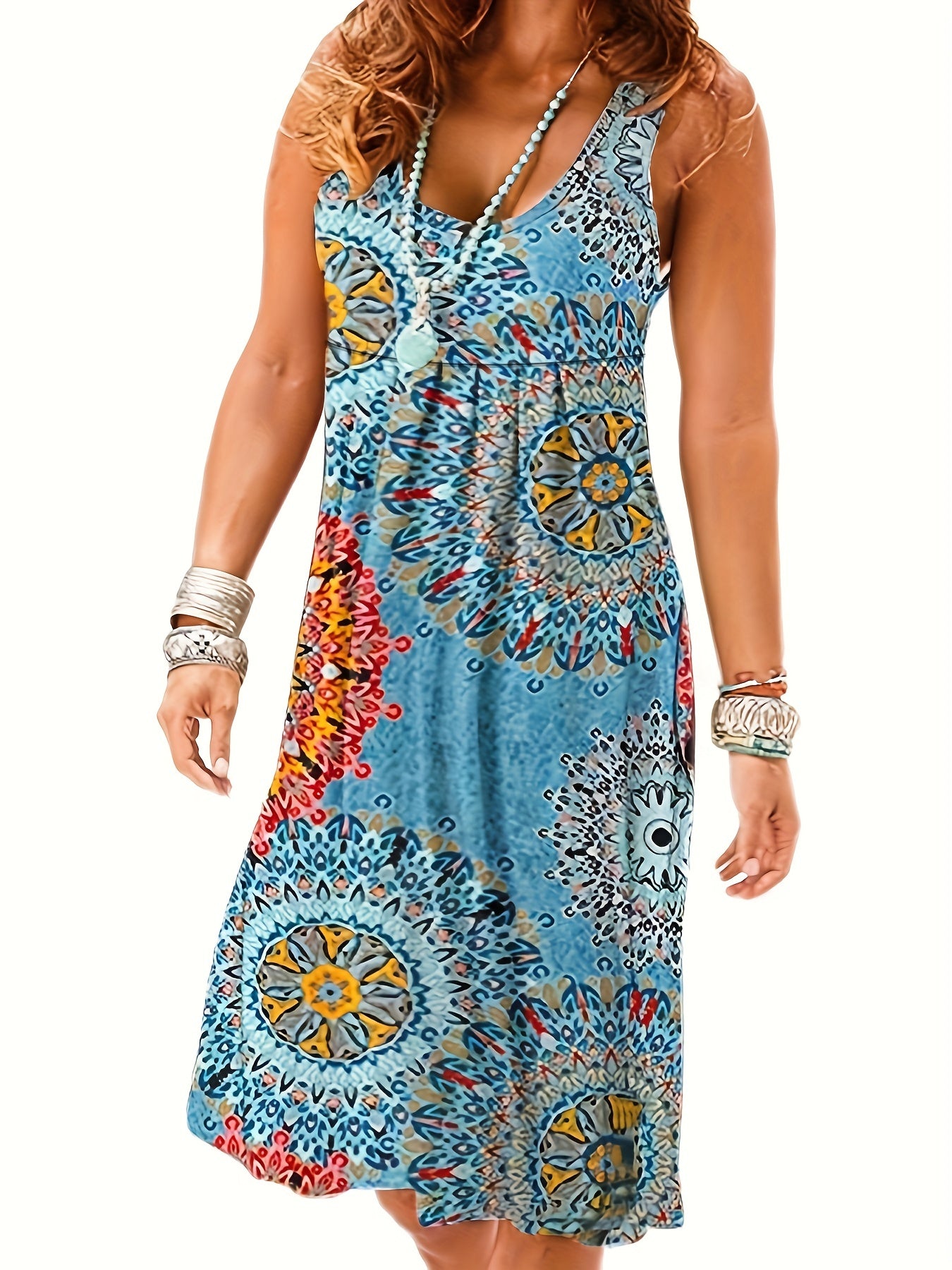  Tile Print V Neck Stretch Maxi Dress