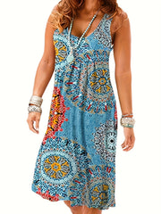  Tile Print V Neck Stretch Maxi Dress