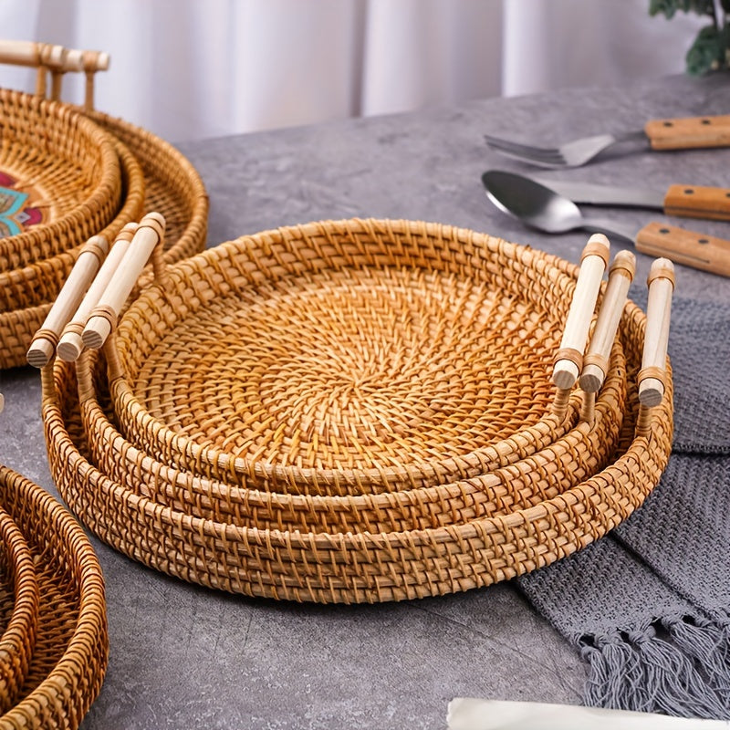 Rattan Serving Tray Double Ear Tea Tray Fruit Plate Bread Snack Basket