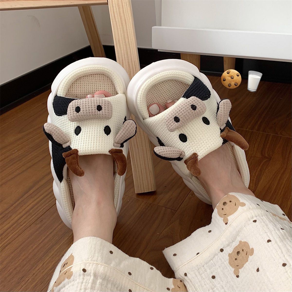 Cartoon Cow Indoor Slippers Open Toe Linen Platform Shoes