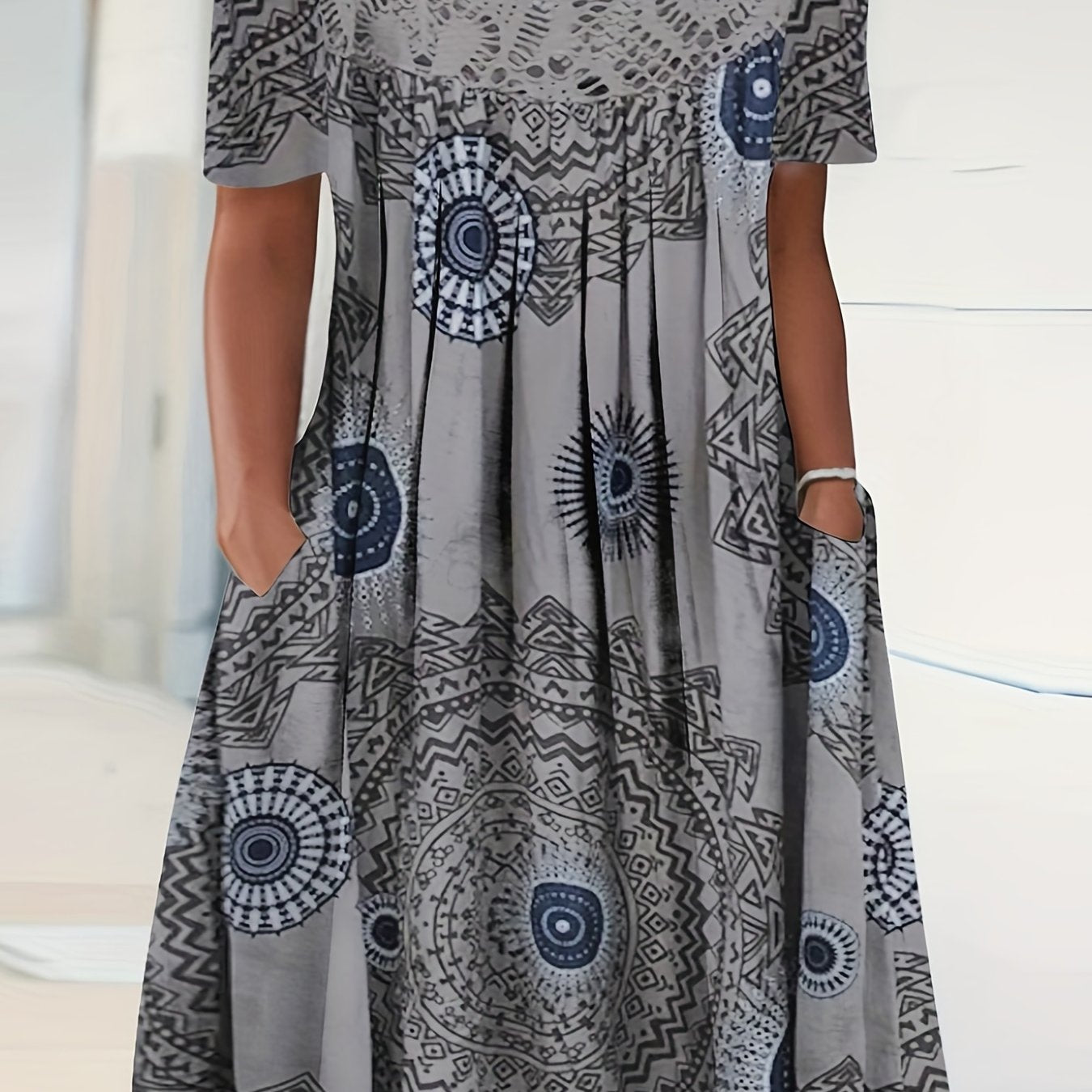  Casual Dress Women's Plus Random Print Contrast Lace Short Sleeve