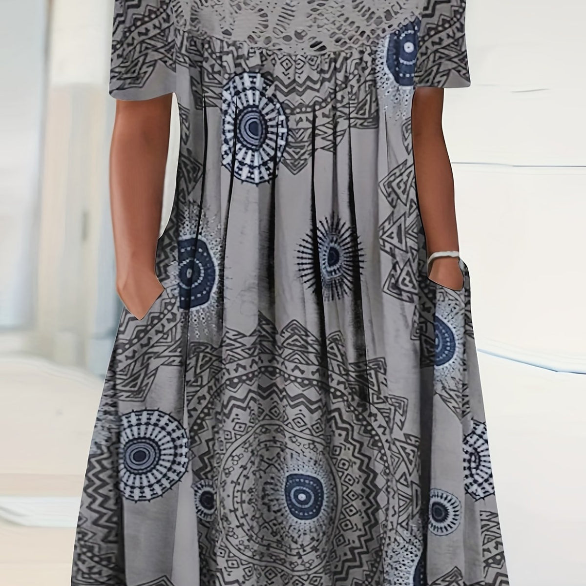  Casual Dress Women's Plus Random Print Contrast Lace Short Sleeve