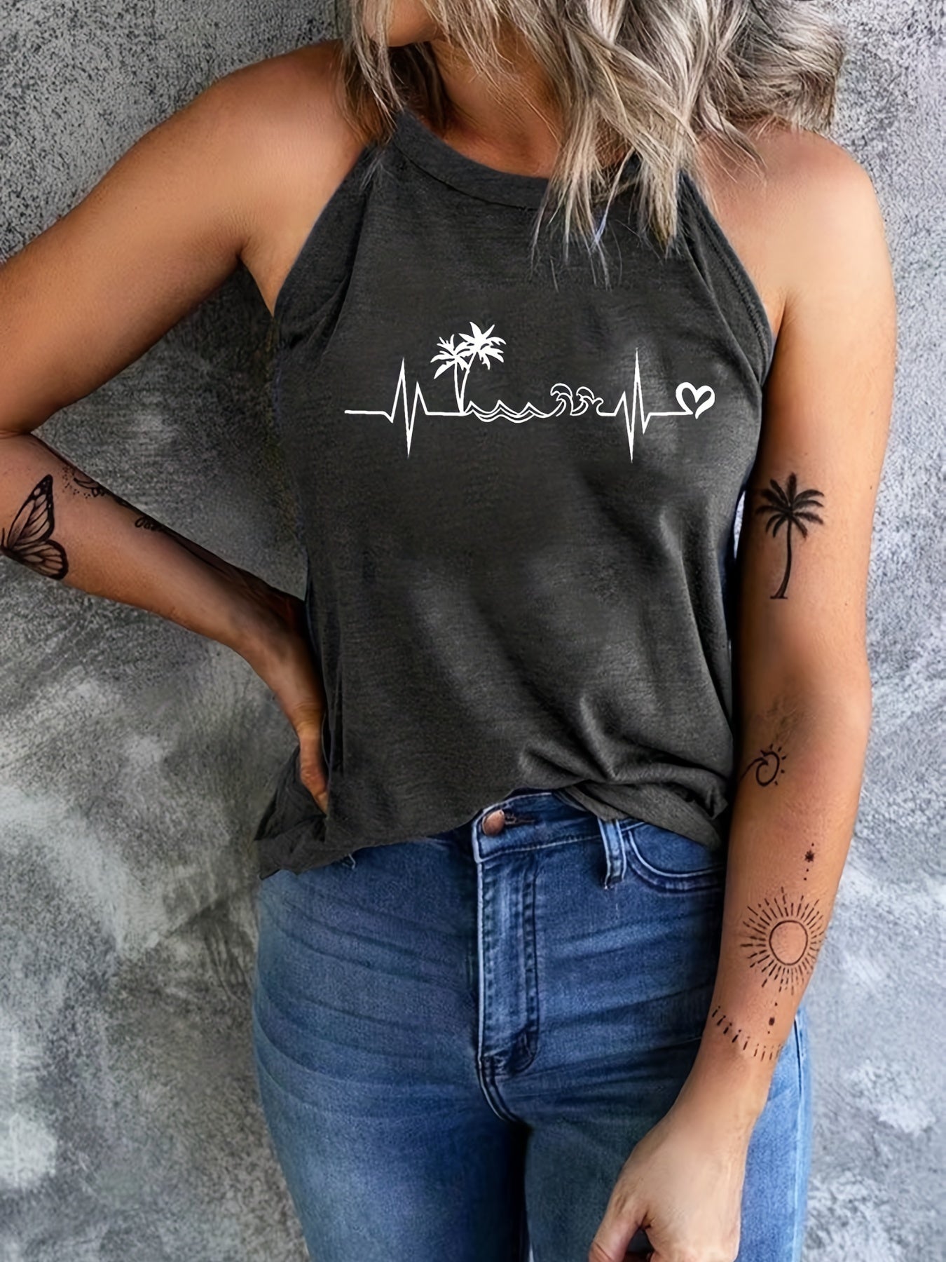 Coconut Tree Print Crew Neck Sleeveless Top
