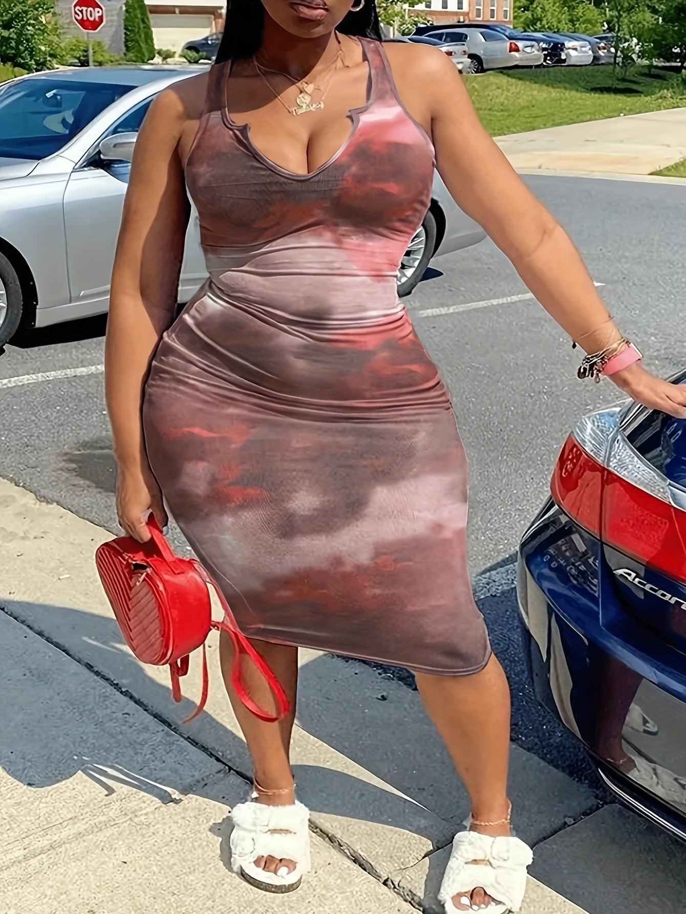  Tie Dye Notched Neck Tank Dress