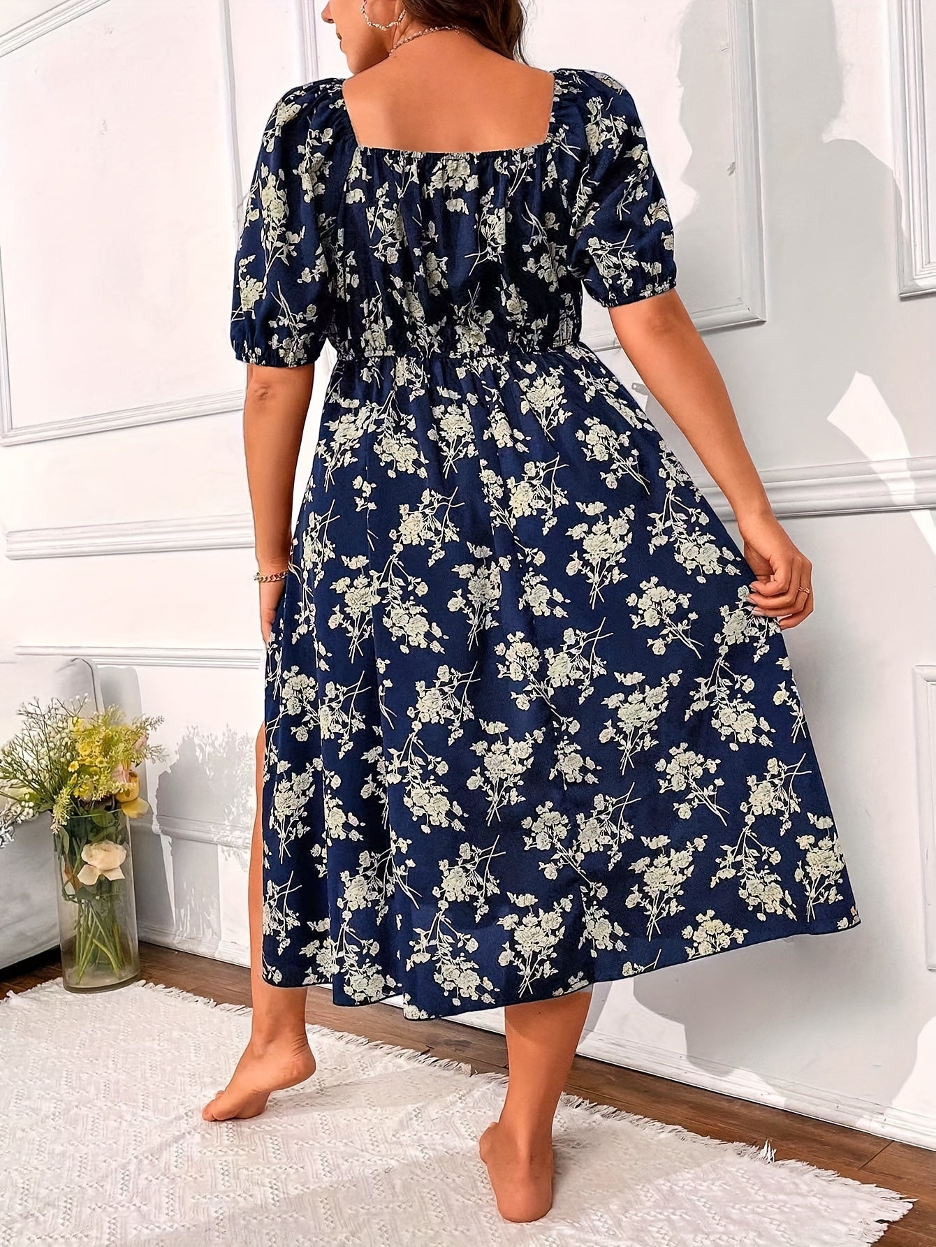  Floral Print Bubble Sleeve Square Neck Midi