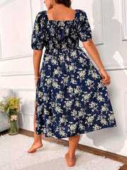  Floral Print Bubble Sleeve Square Neck Midi