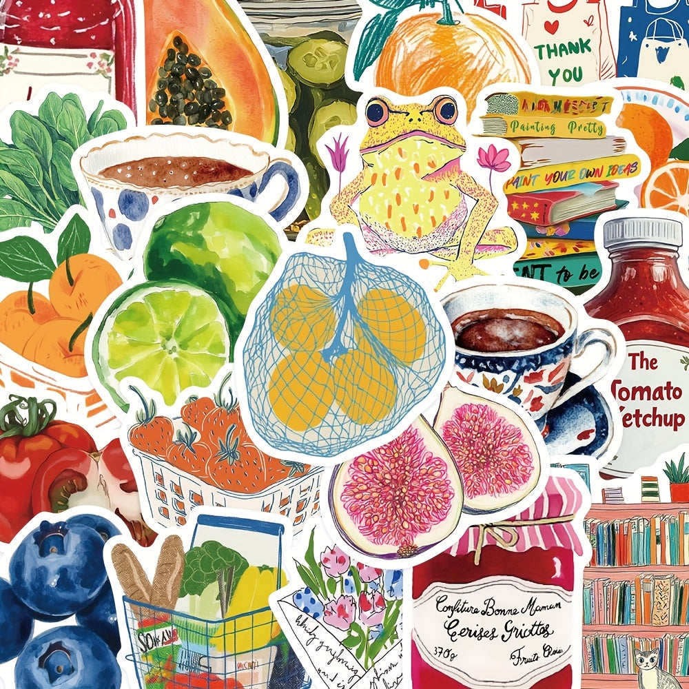 50pcs YWWBLD Retro PVC Stickers Fruits Veggies Whimsical Elements