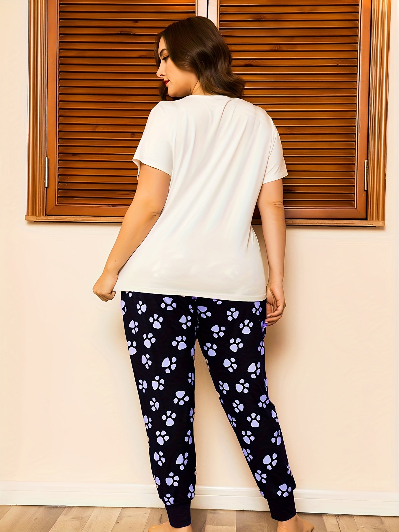  Cat Print Short Sleeve Top & Paw Print Pants Set