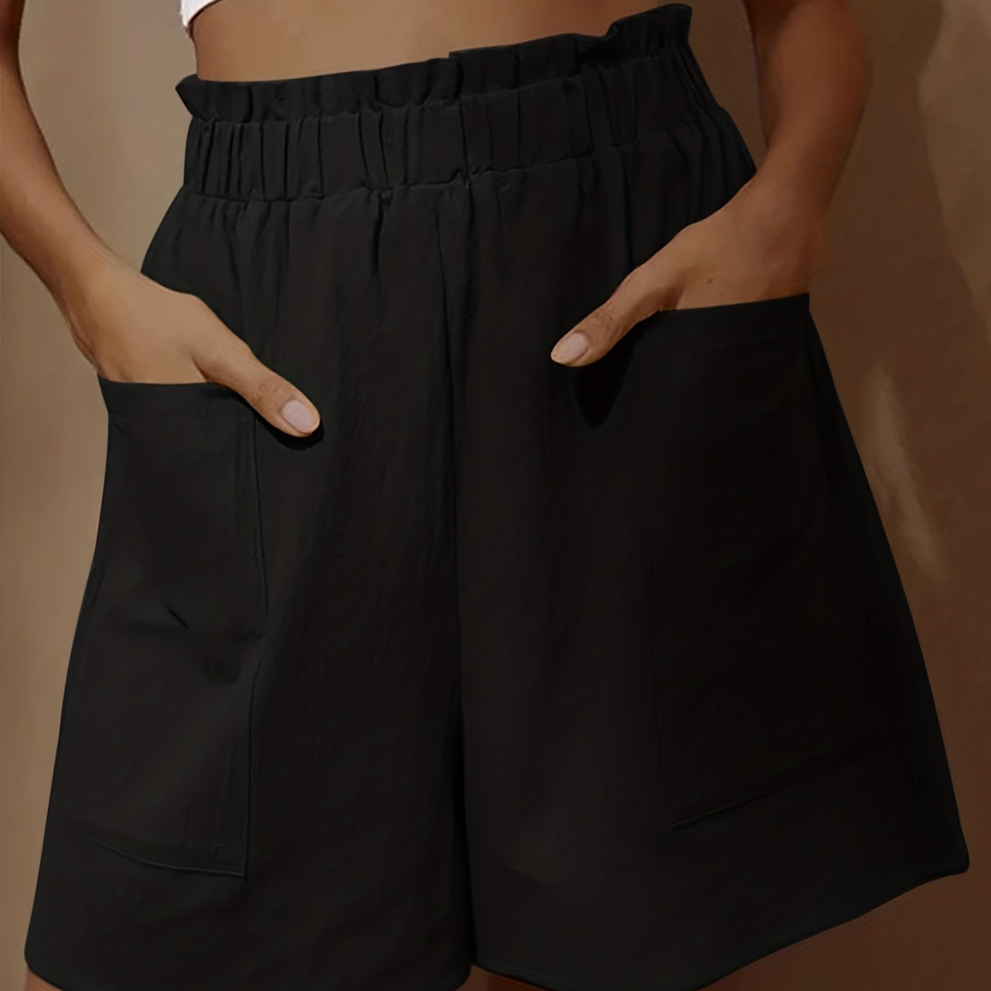 Boho Smocked Shorts Elastic High Waist Ruffle Trim with Pockets
