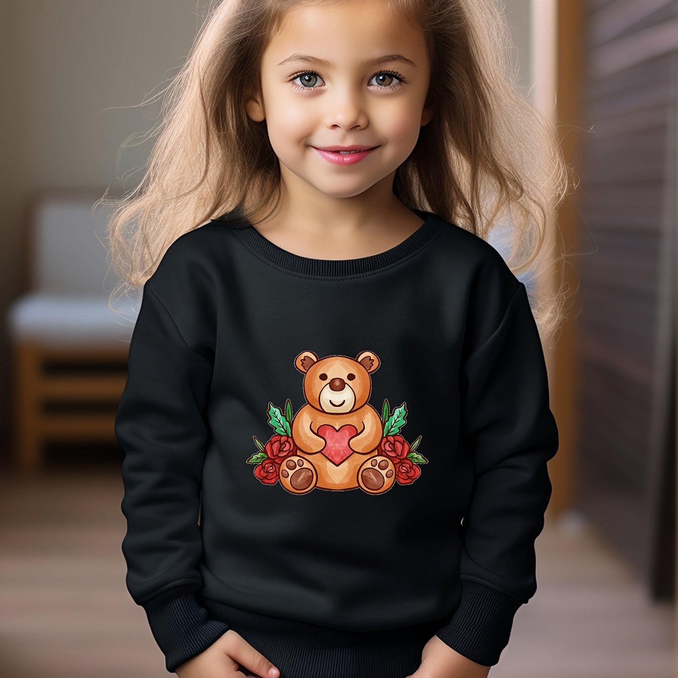 Cartoon Bear Print Girls Casual Pullover Sweatshirt Long Sleeve Tops