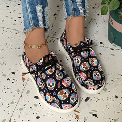 Floral Skull Print Slip-On Canvas Shoes Women Low Top Sneakers