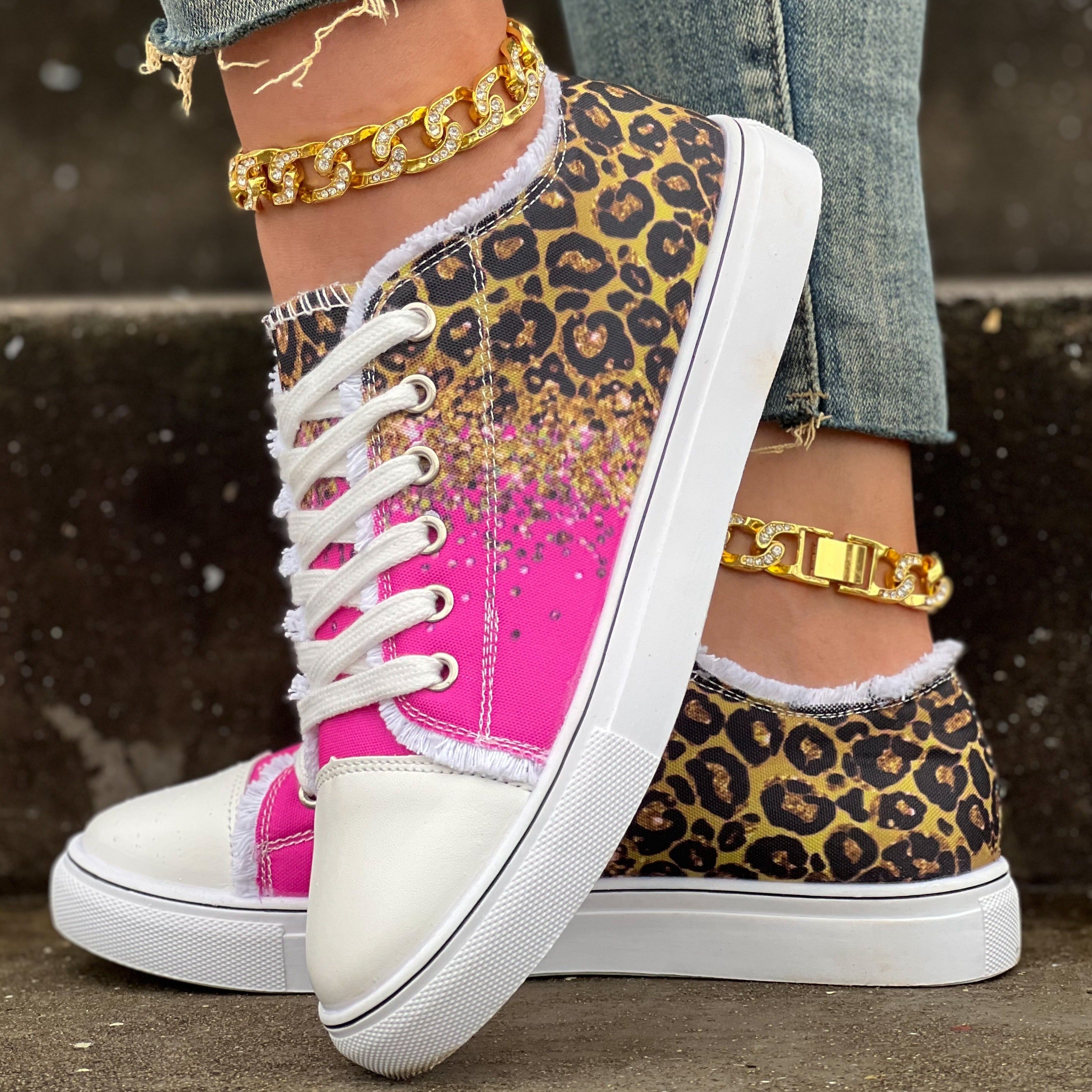 Leopard Print Glitter Lace Up Canvas Sneakers