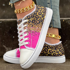 Leopard Print Glitter Lace Up Canvas Sneakers