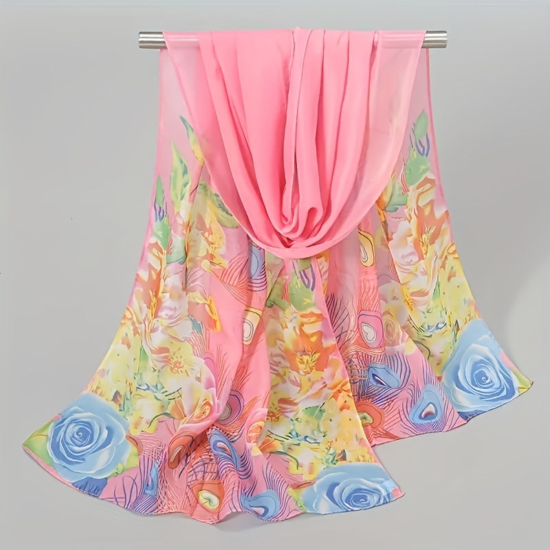 Phoenix Feather Print Chiffon Scarf Boho Shawl Sunscreen Head Wrap