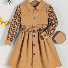 Girl's Geometric Print Long Sleeve Dress With Waistband