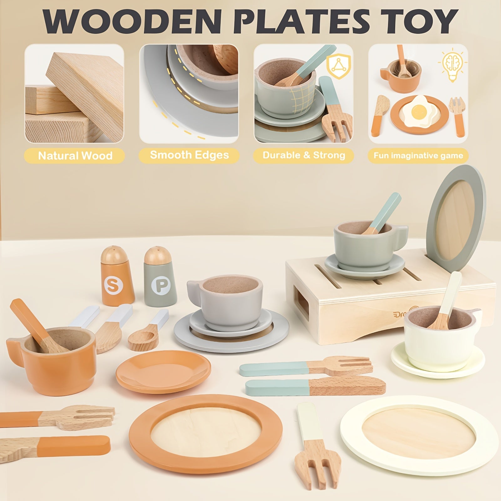 Kids' Wooden Toy Bowls and Plates Set 27pcs