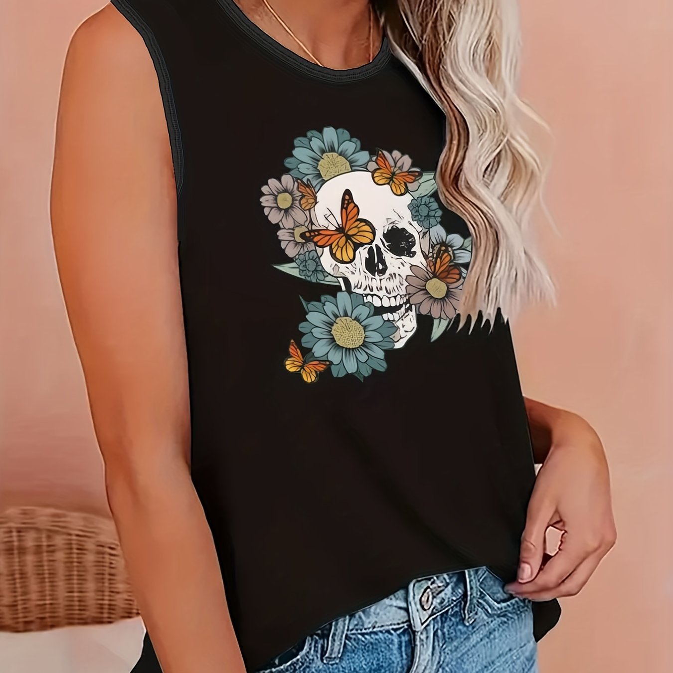  Halloween Floral Skull Butterfly Tank Top