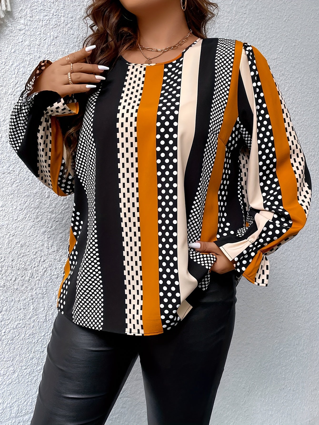  Colorblock Stripe & Dot Print Blouse with Flounce Sleeves