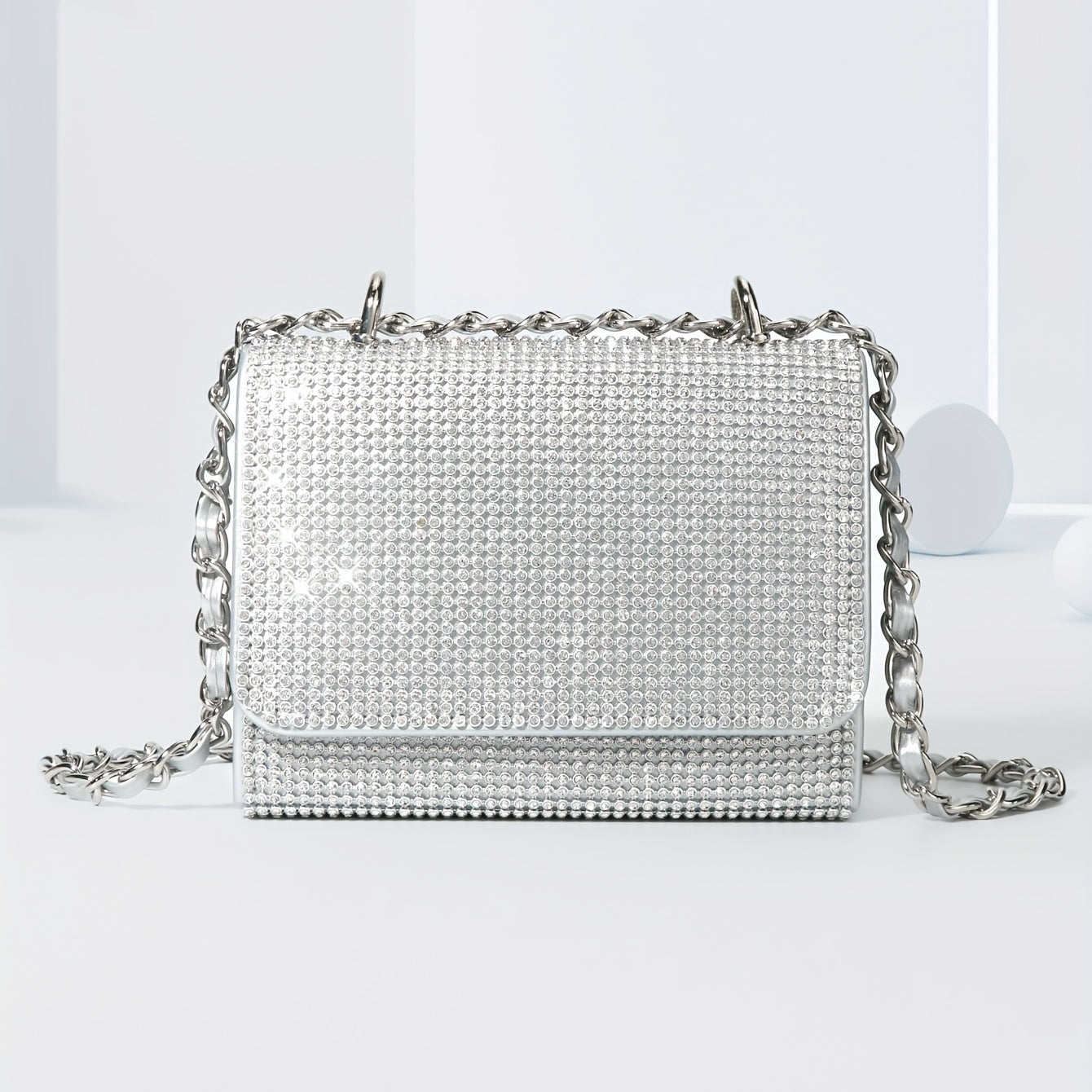 Glitter Chain Evening Bag for Party, Rhinestone Square Flap Bag