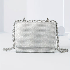 Glitter Chain Evening Bag for Party, Rhinestone Square Flap Bag