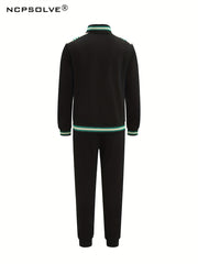 Men's 2 Piece Stripe Block Jacket & Sweatpants Set for Spring Autumn