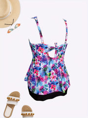  Tropical Print Tankini Set Twist Front Cami Top & Mini Skirt Swimsuit