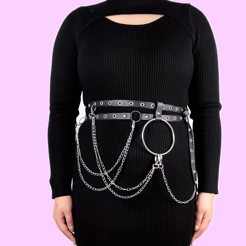  Chain Fringe Harness Belt Double Layer PU Leather Waistband